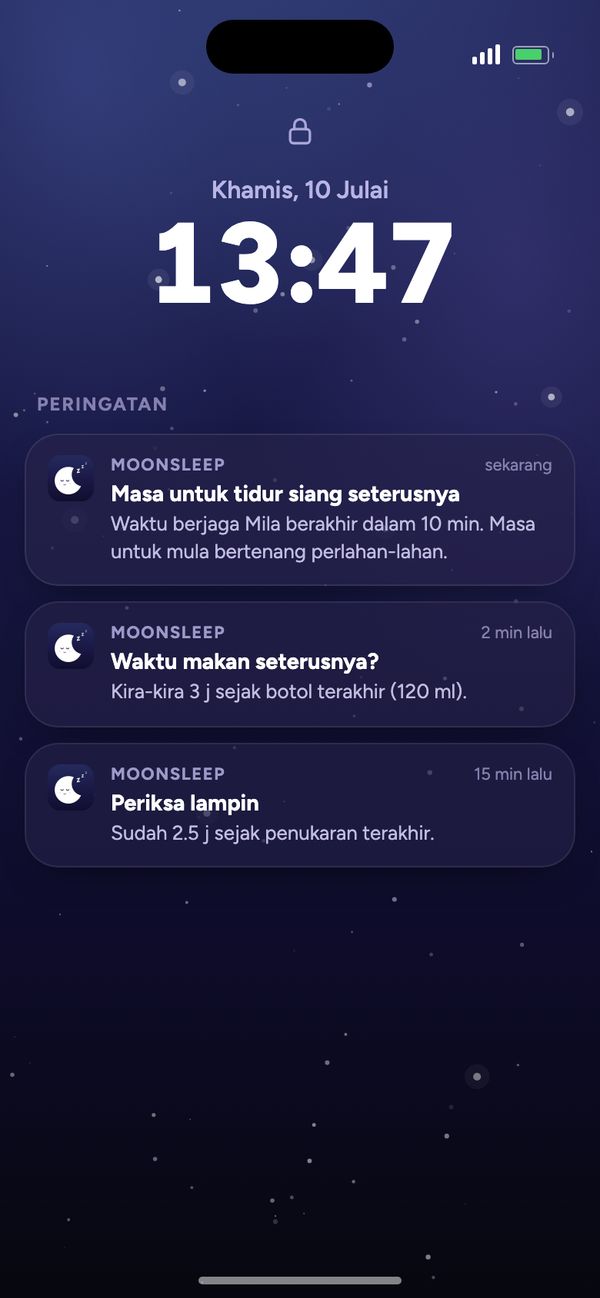 Peringatan Moonsleep pada skrin kunci: masa untuk tidur siang seterusnya, waktu makan seterusnya, periksa lampin