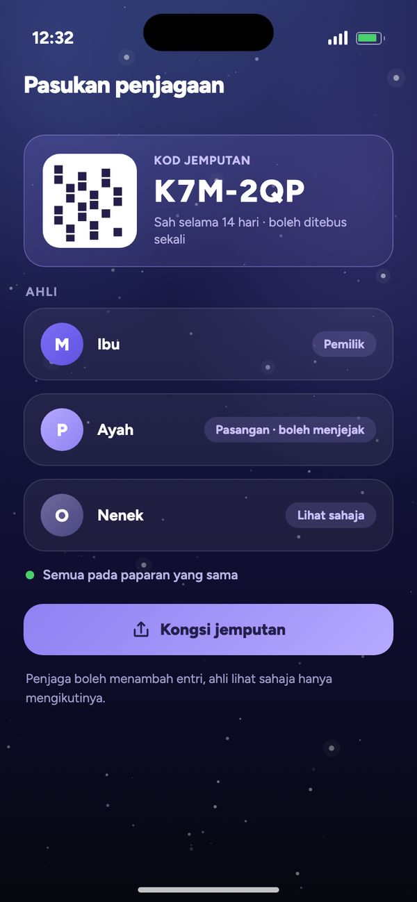 Kongsi dengan pasangan dalam Pasukan penjagaan: kod jemputan, Ibu, Ayah boleh menjejak, Nenek lihat sahaja