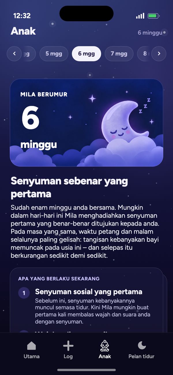Perkembangan minggu demi minggu dalam tab Anak: “Mila berumur 6 minggu” dan “Senyuman sebenar yang pertama”