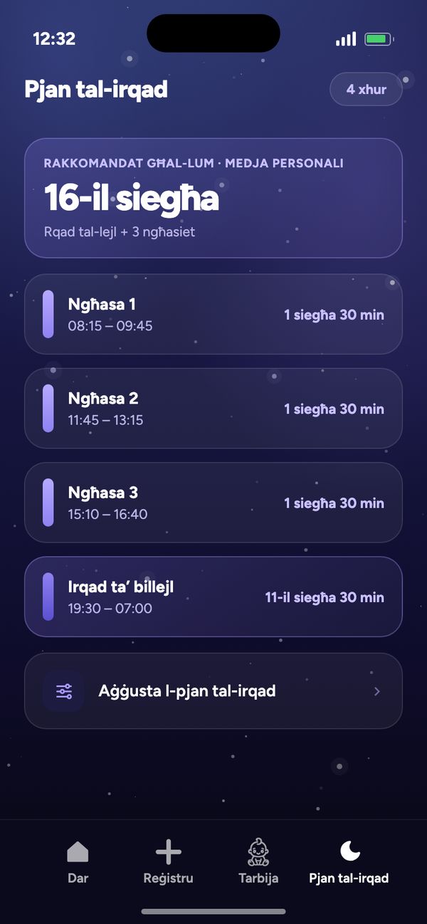 Pjan tal-irqad skont l-età għal tarbija ta’ 4 xhur: rakkomandazzjoni ta’ 16-il siegħa, 3 ngħasiet, irqad ta’ billejl 19:30–07:00