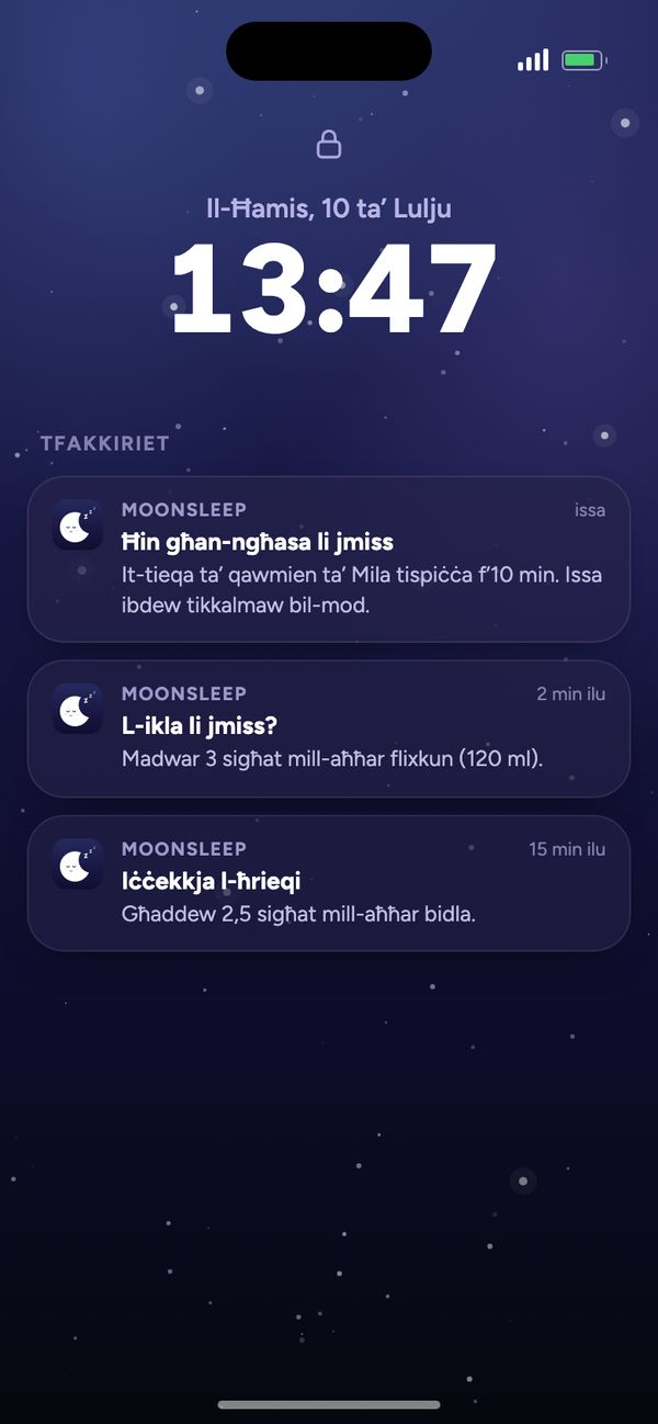 Tfakkiriet ta’ Moonsleep fuq l-iskrin imsakkar: ħin għan-ngħasa li jmiss, l-ikla li jmiss, iċċekkja l-ħrieqi
