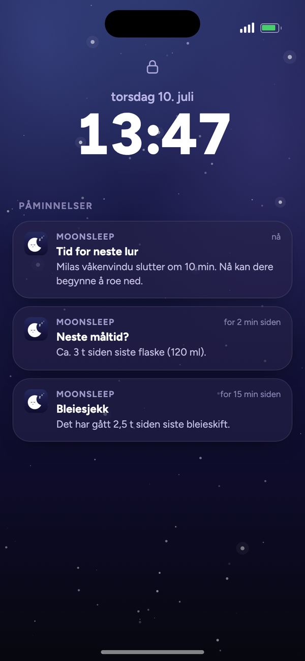 Påminnelser fra Moonsleep på låseskjermen: neste lur, neste måltid, bleiesjekk
