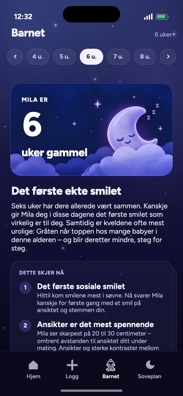 Utvikling uke for uke i fanen Barnet: «Mila er 6 uker gammel» og «Det første ekte smilet»