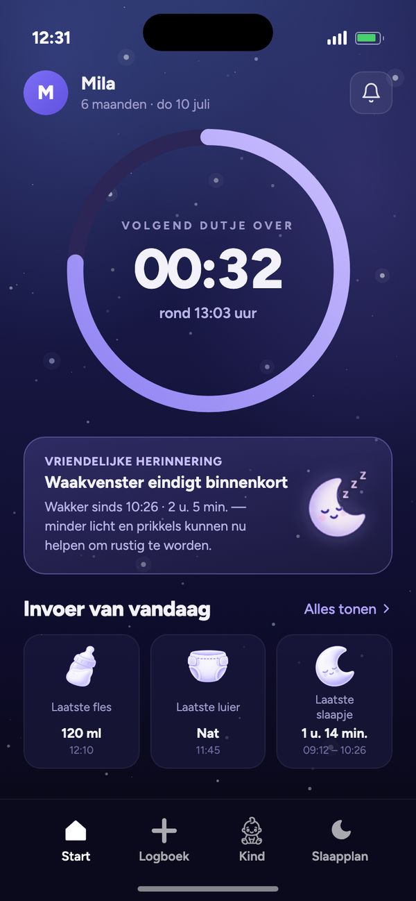 Startscherm van de Moonsleep-app: countdown naar het volgende dutje, vriendelijke herinnering en invoer van vandaag