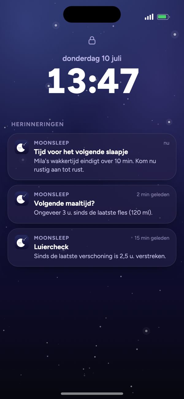 Herinneringen van Moonsleep op het vergrendelscherm: volgend slaapje, volgende maaltijd, luiercheck