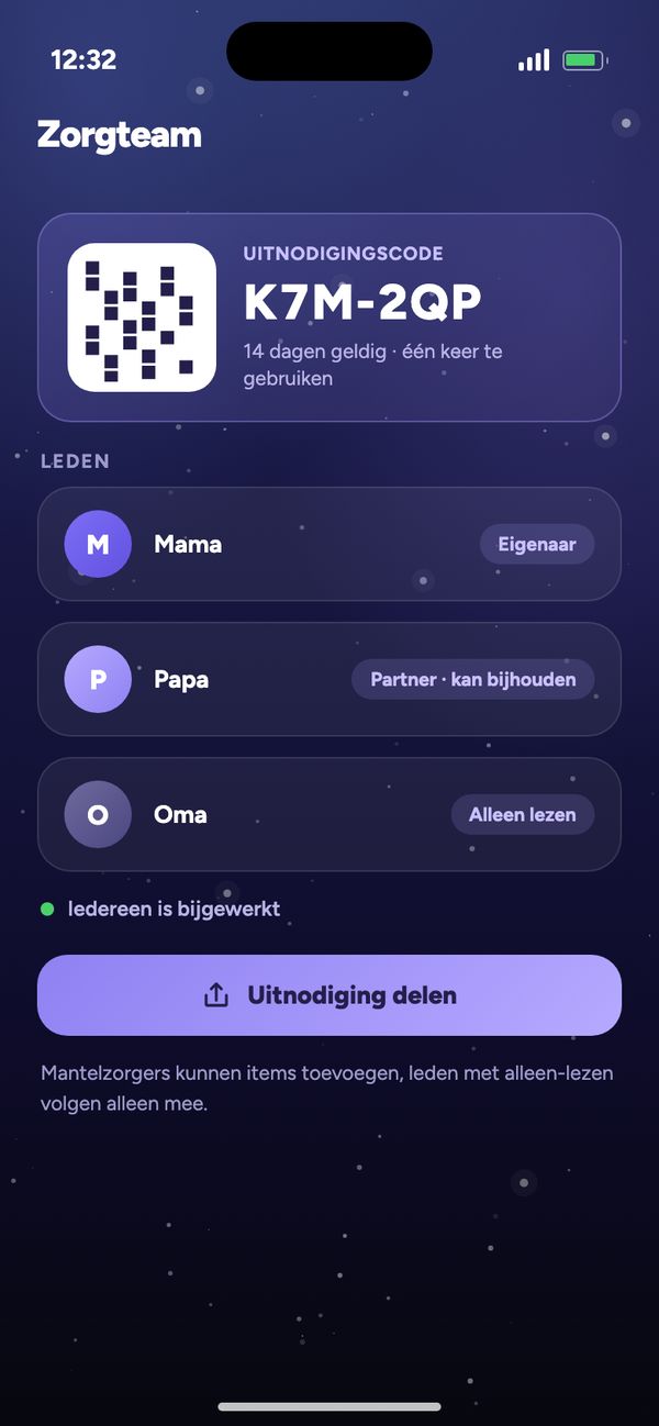 Delen met je partner in het Zorgteam: uitnodigingscode, Mama, Papa kan bijhouden, Oma kan alleen lezen