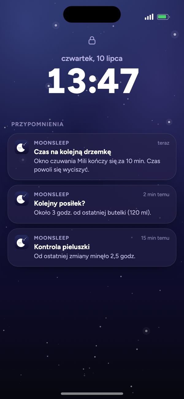 Przypomnienia Moonsleep na ekranie blokady: kolejna drzemka, kolejny posiłek, kontrola pieluszki