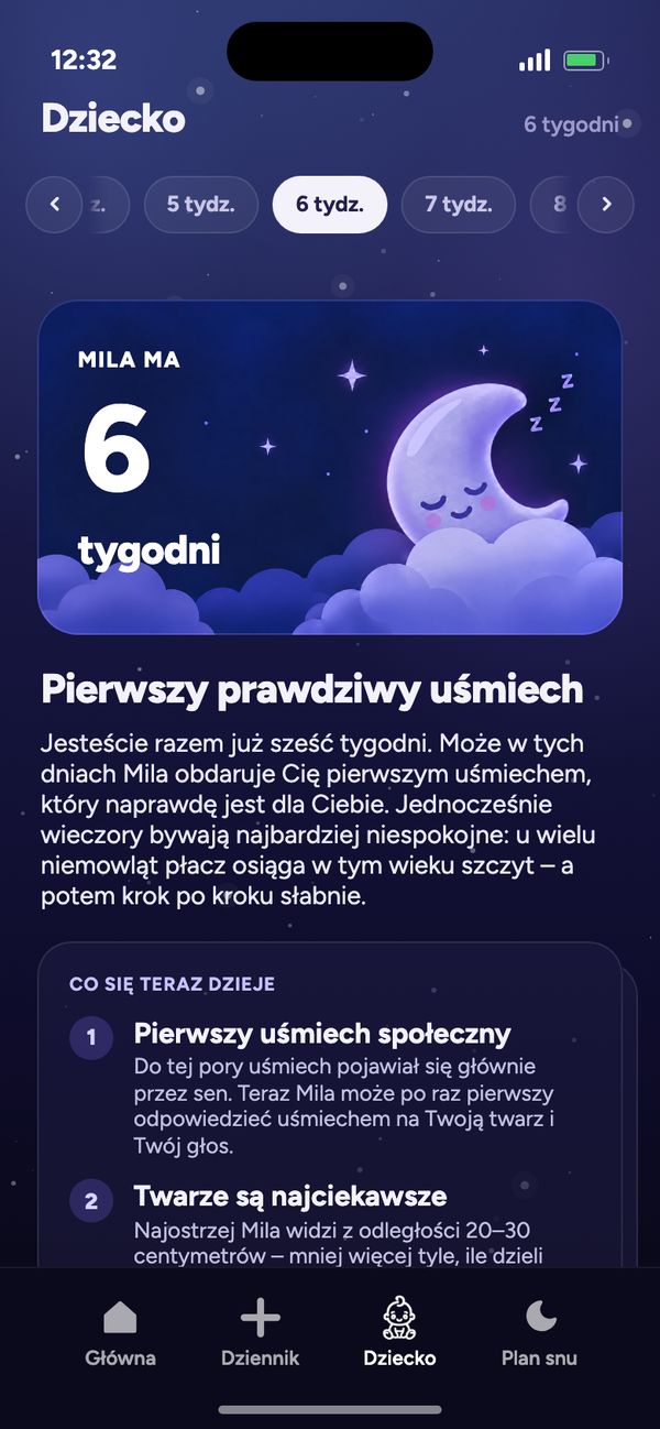 Rozwój tydzień po tygodniu w zakładce Dziecko: „Mila ma 6 tygodni” i „Pierwszy prawdziwy uśmiech”
