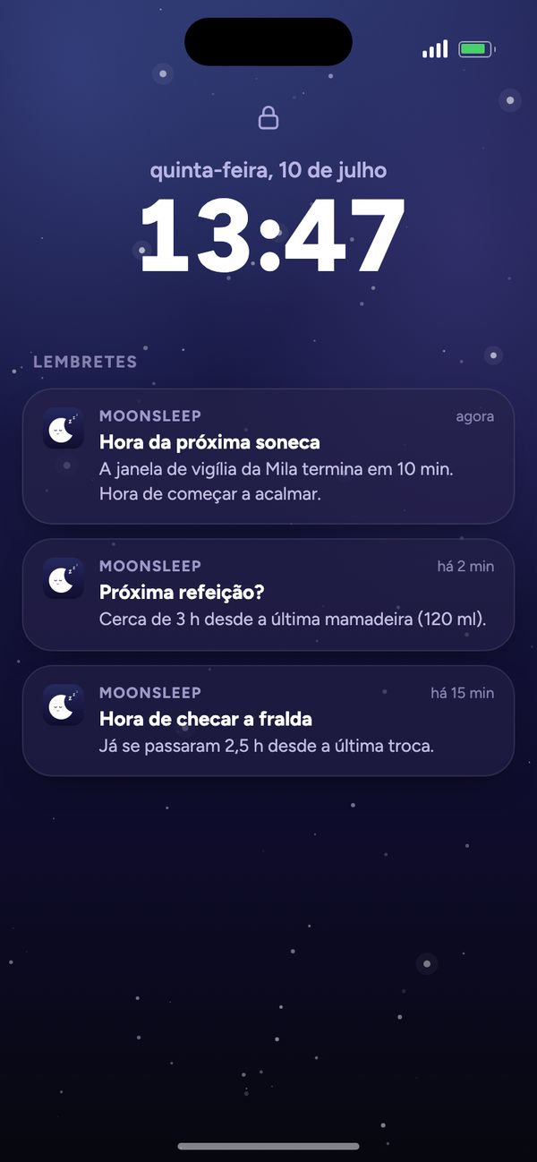 Lembretes do Moonsleep na tela de bloqueio: próxima soneca, próxima refeição, hora de checar a fralda