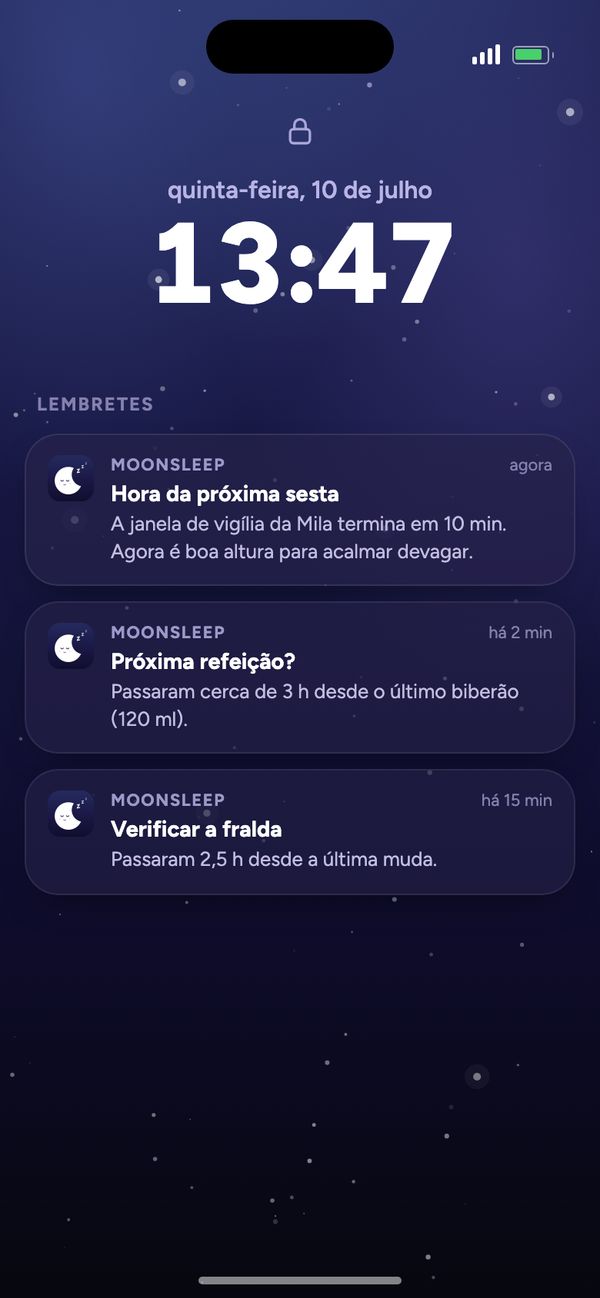 Lembretes do Moonsleep no ecrã de bloqueio: próxima sesta, próxima refeição, verificar a fralda
