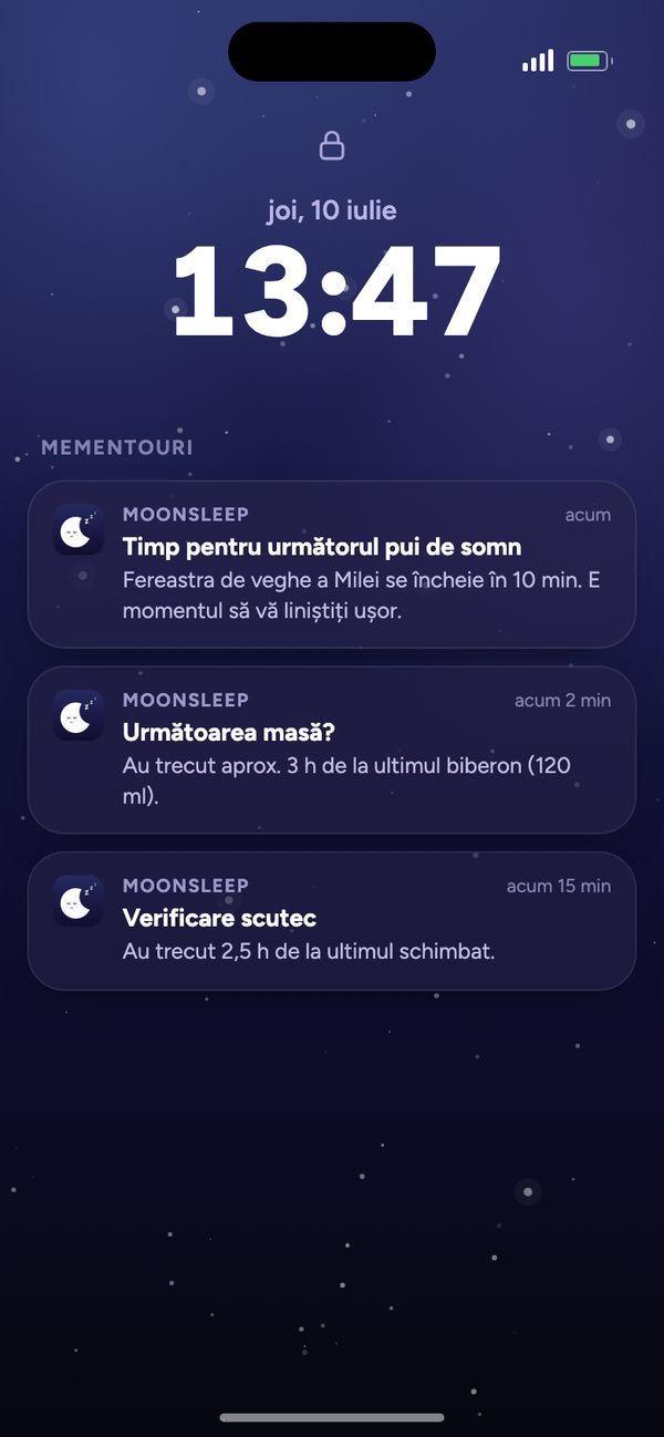 Mementouri Moonsleep pe ecranul de blocare: următorul pui de somn, următoarea masă, verificarea scutecului
