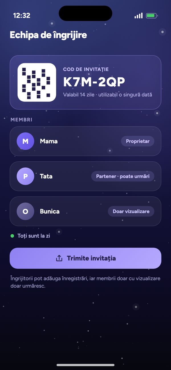 Partajare cu partenerul în Echipa de îngrijire: cod de invitație, Mama, Tata poate urmări, Bunica poate doar vizualiza