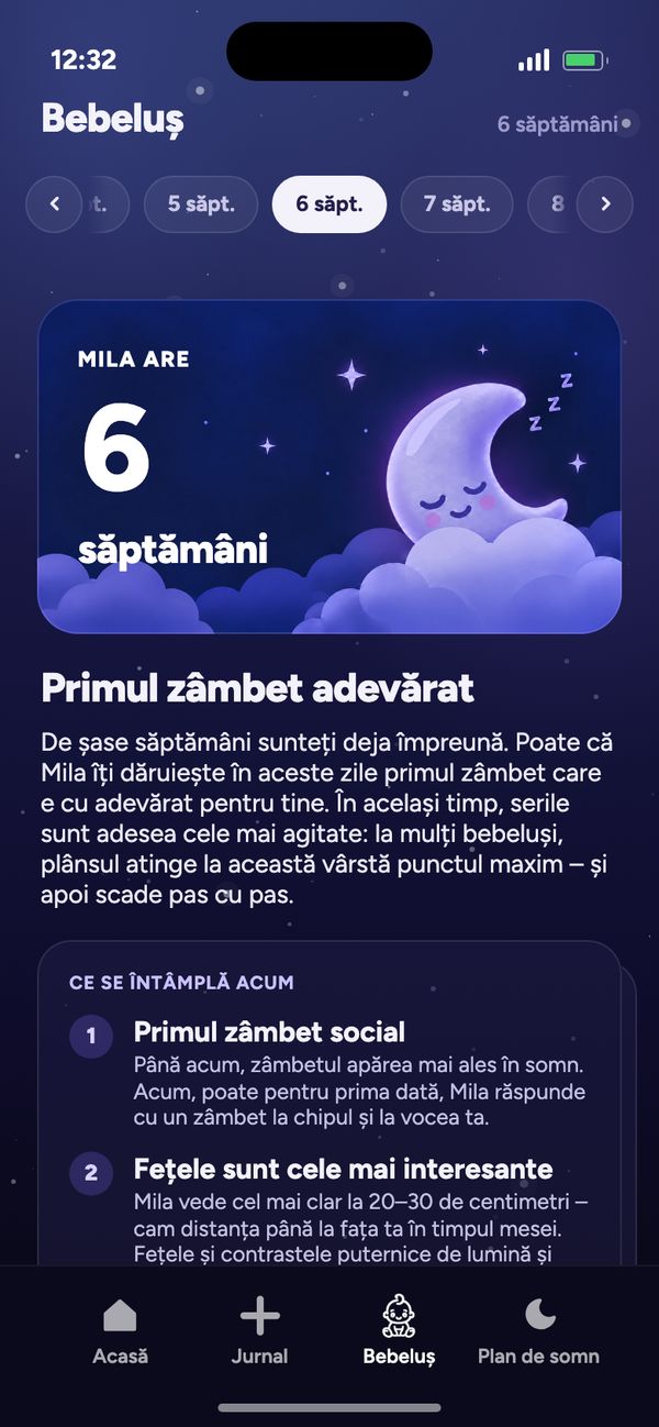 Dezvoltarea săptămână de săptămână în fila Bebeluș: „Mila are 6 săptămâni” și „Primul zâmbet adevărat”