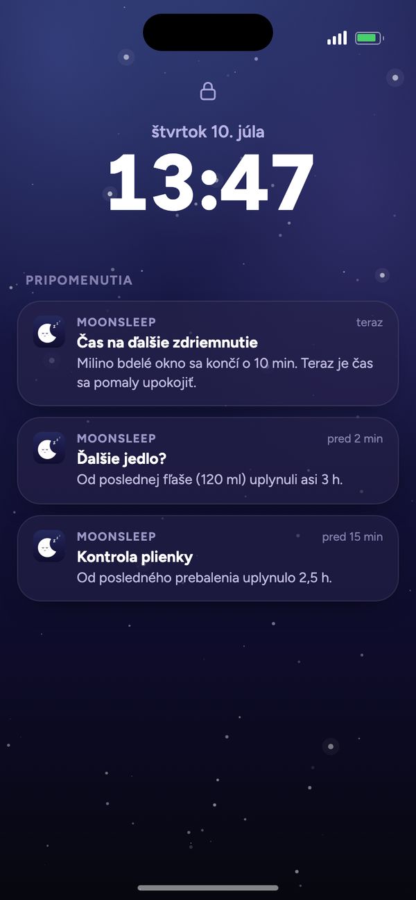 Pripomenutia Moonsleep na zamknutej obrazovke: ďalšie zdriemnutie, ďalšie jedlo, kontrola plienky