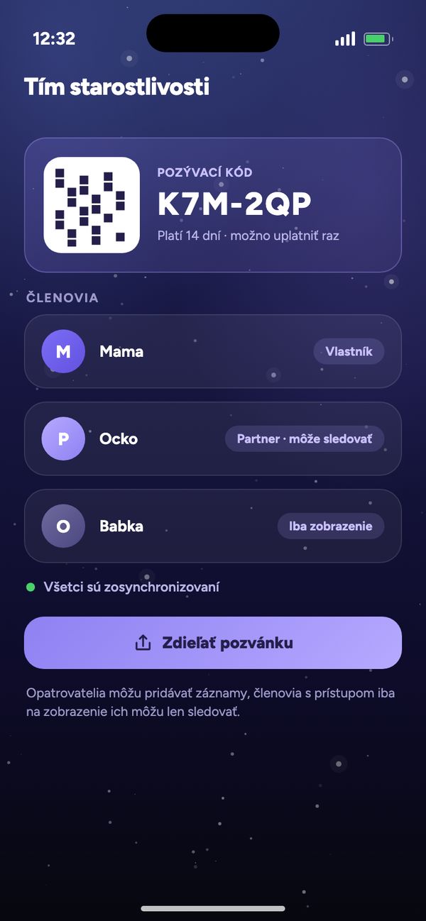 Zdieľanie s partnerom v tíme starostlivosti: pozývací kód, Mama, Ocko môže sledovať, Babka si záznamy môže len prezerať