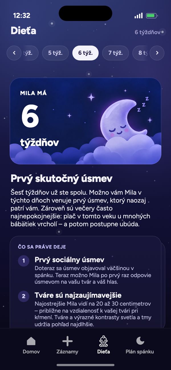 Vývoj týždeň po týždni v záložke Dieťa: „Mila má 6 týždňov“ a „Prvý skutočný úsmev“