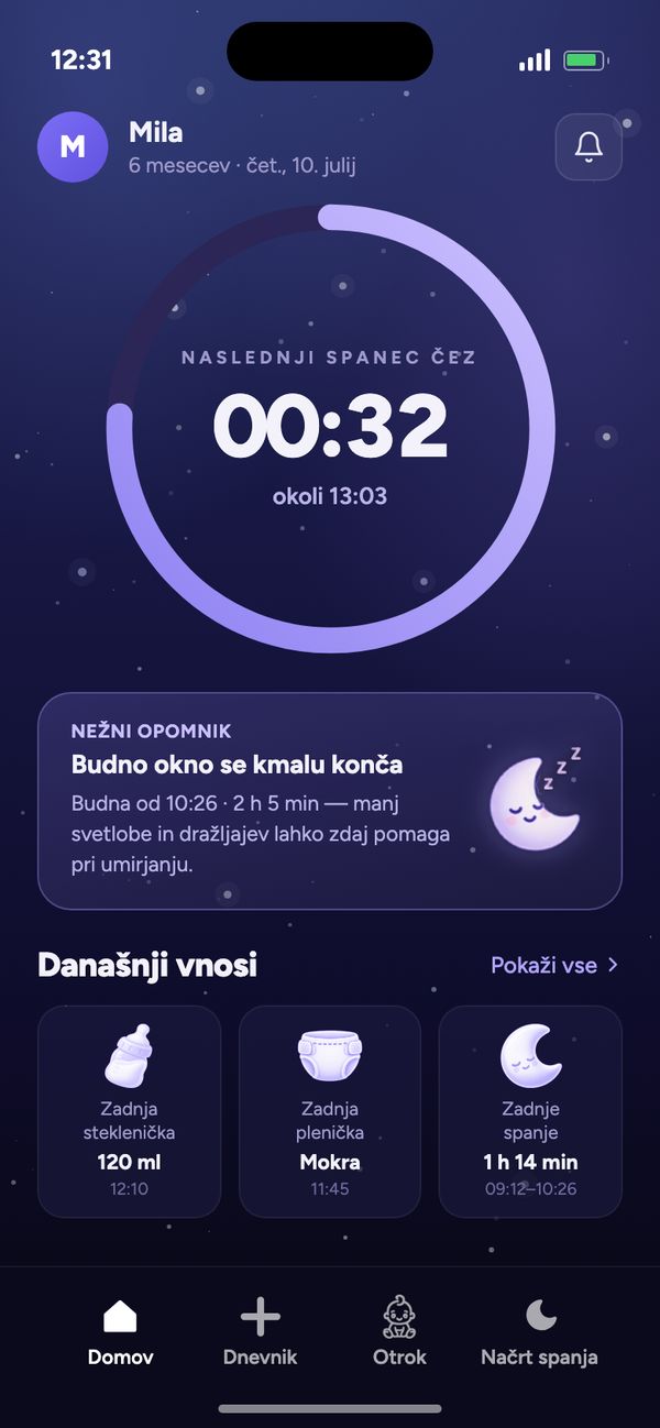 Začetni zaslon aplikacije Moonsleep: odštevanje do naslednjega spanca, nežni opomnik in današnji vnosi