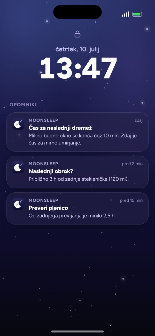 Opomniki aplikacije Moonsleep na zaklenjenem zaslonu: naslednji dremež, naslednji obrok, preverjanje plenice