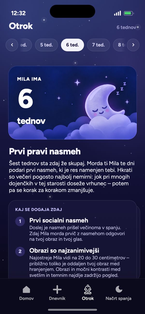 Razvoj teden za tednom v zavihku Otrok: „Mila ima 6 tednov“ in „Prvi pravi nasmeh“