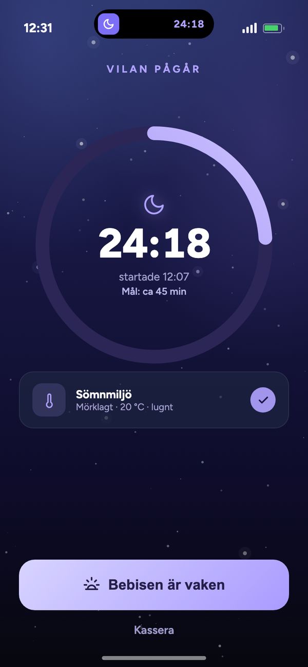 Logga sömn med live-timer: ”Vilan pågår 24:18” i Moonsleep-appen