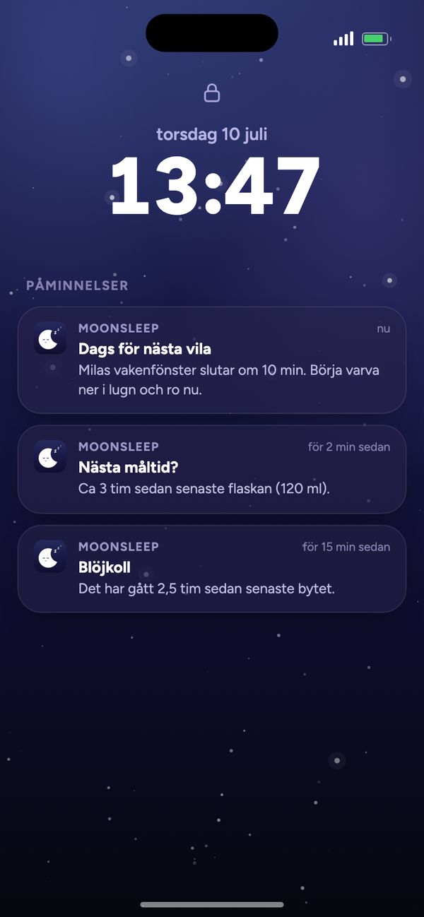 Påminnelser från Moonsleep på låsskärmen: nästa vila, nästa måltid, blöjkoll