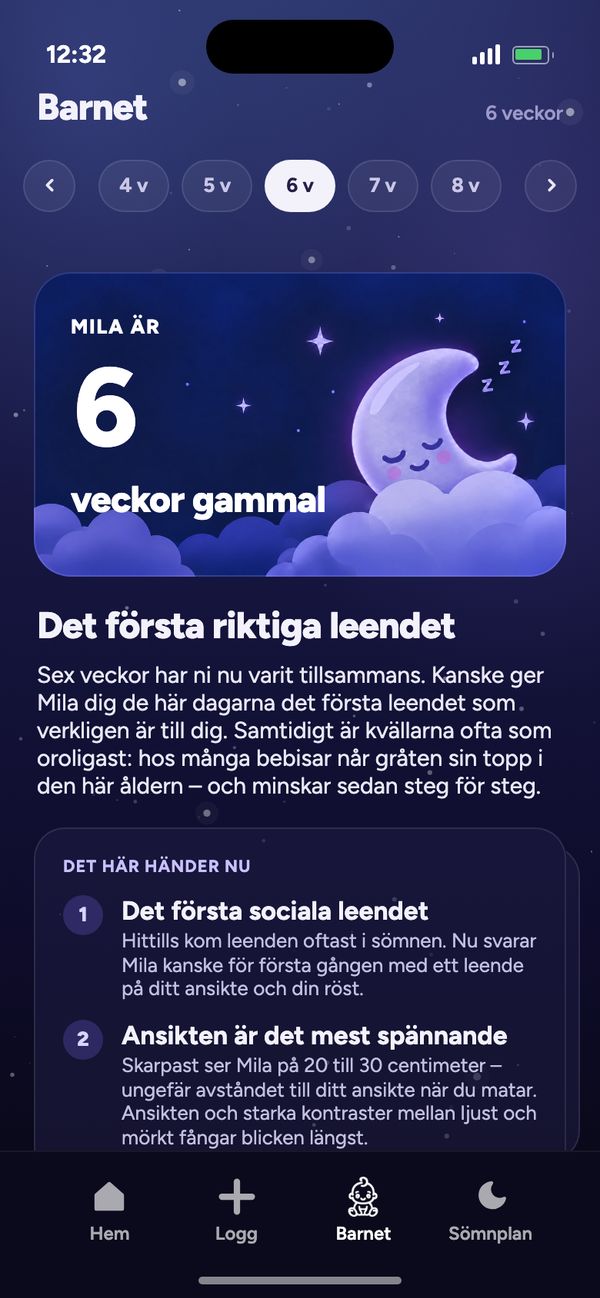 Utveckling vecka för vecka i fliken Barnet: ”Mila är 6 veckor gammal” och ”Det första riktiga leendet”