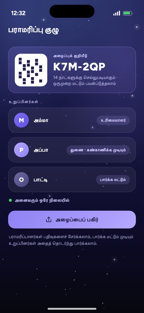 பராமரிப்பு குழுவில் துணையுடன் பகிர்தல்: அழைப்புக் குறியீடு, அம்மா, அப்பா கண்காணிக்க முடியும், பாட்டி பார்க்க மட்டும்