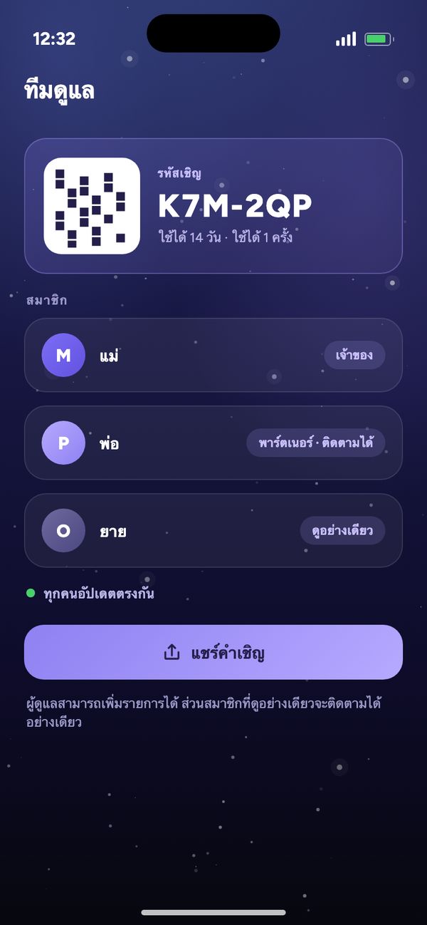 แชร์กับคู่ของคุณในทีมดูแล: รหัสเชิญ แม่ พ่อติดตามได้ ยายดูอย่างเดียว