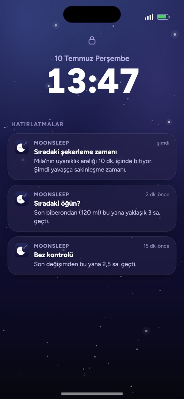 Kilit ekranında Moonsleep hatırlatmaları: sıradaki şekerleme, sıradaki öğün, bez kontrolü