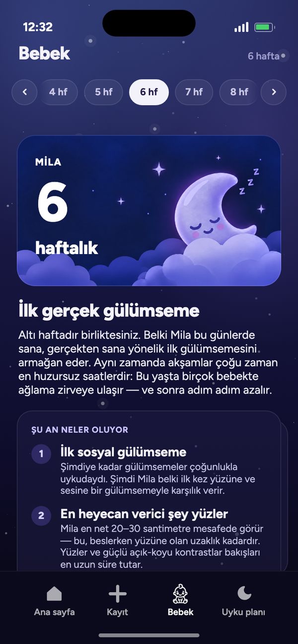 “Bebek” sekmesinde hafta hafta gelişim: “Mila 6 haftalık” ve “İlk gerçek gülümseme”