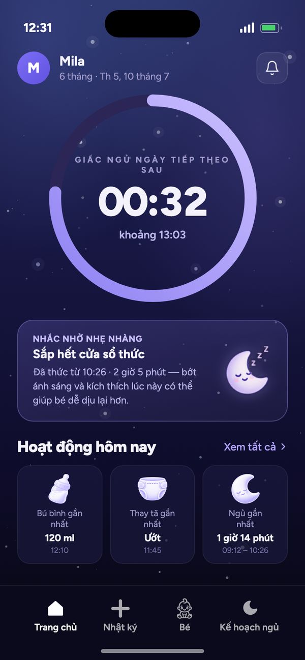 Màn hình chính của ứng dụng Moonsleep: đếm ngược đến giấc ngủ ngày tiếp theo, nhắc nhở nhẹ nhàng và hoạt động hôm nay