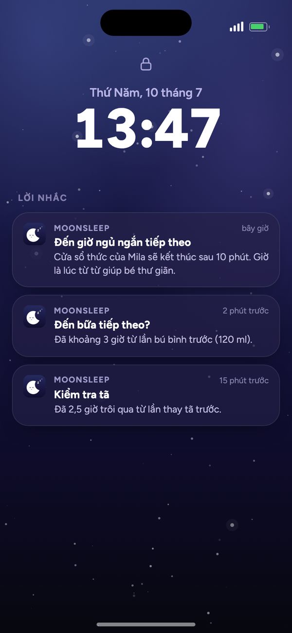 Lời nhắc của Moonsleep trên màn hình khóa: đến giờ ngủ ngắn tiếp theo, đến bữa tiếp theo, kiểm tra tã