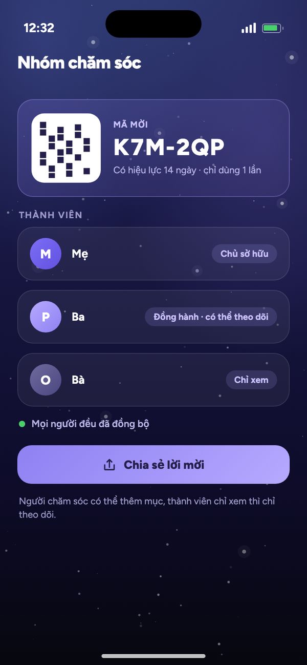 Chia sẻ với bạn đời trong Nhóm chăm sóc: mã mời, Mẹ, Ba có thể theo dõi, Bà chỉ xem